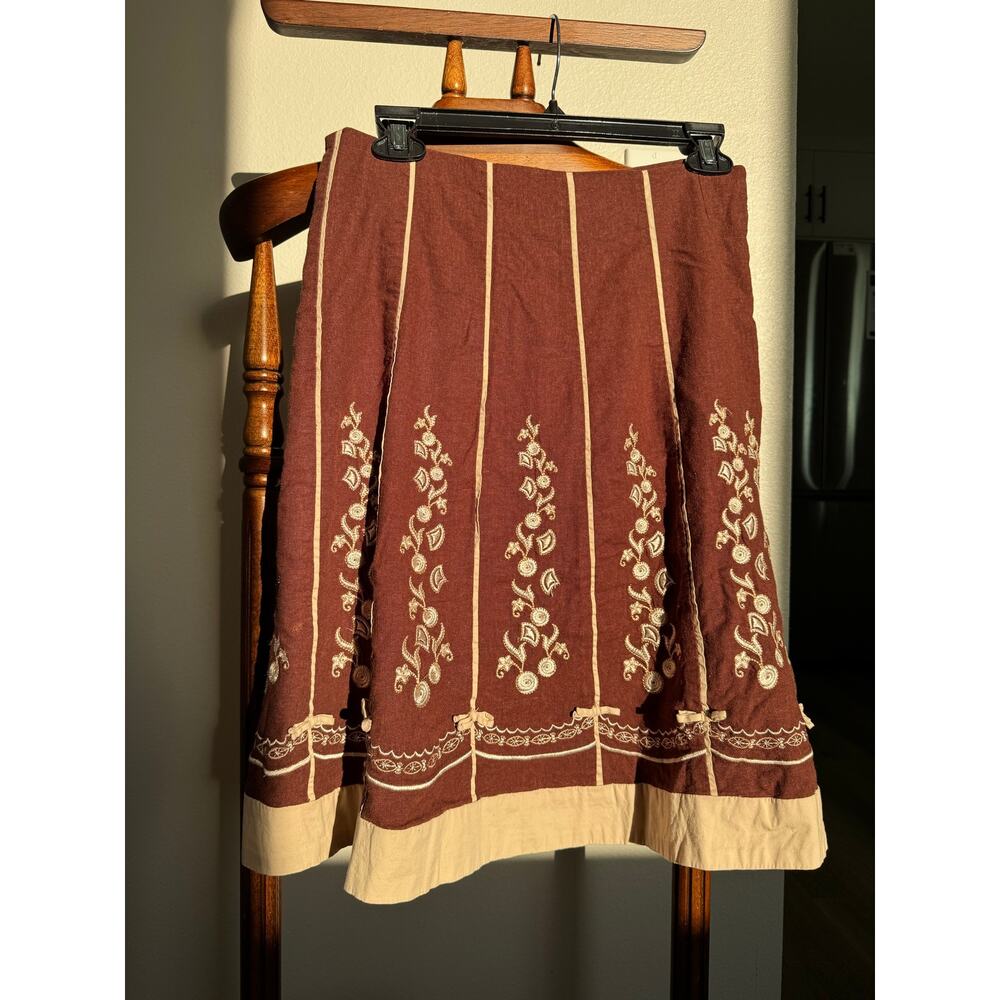 AZwell Linen Blend Embroidered Cottagecore Midi Skirt Brown Boho Prairie M - Picture 4 of 10